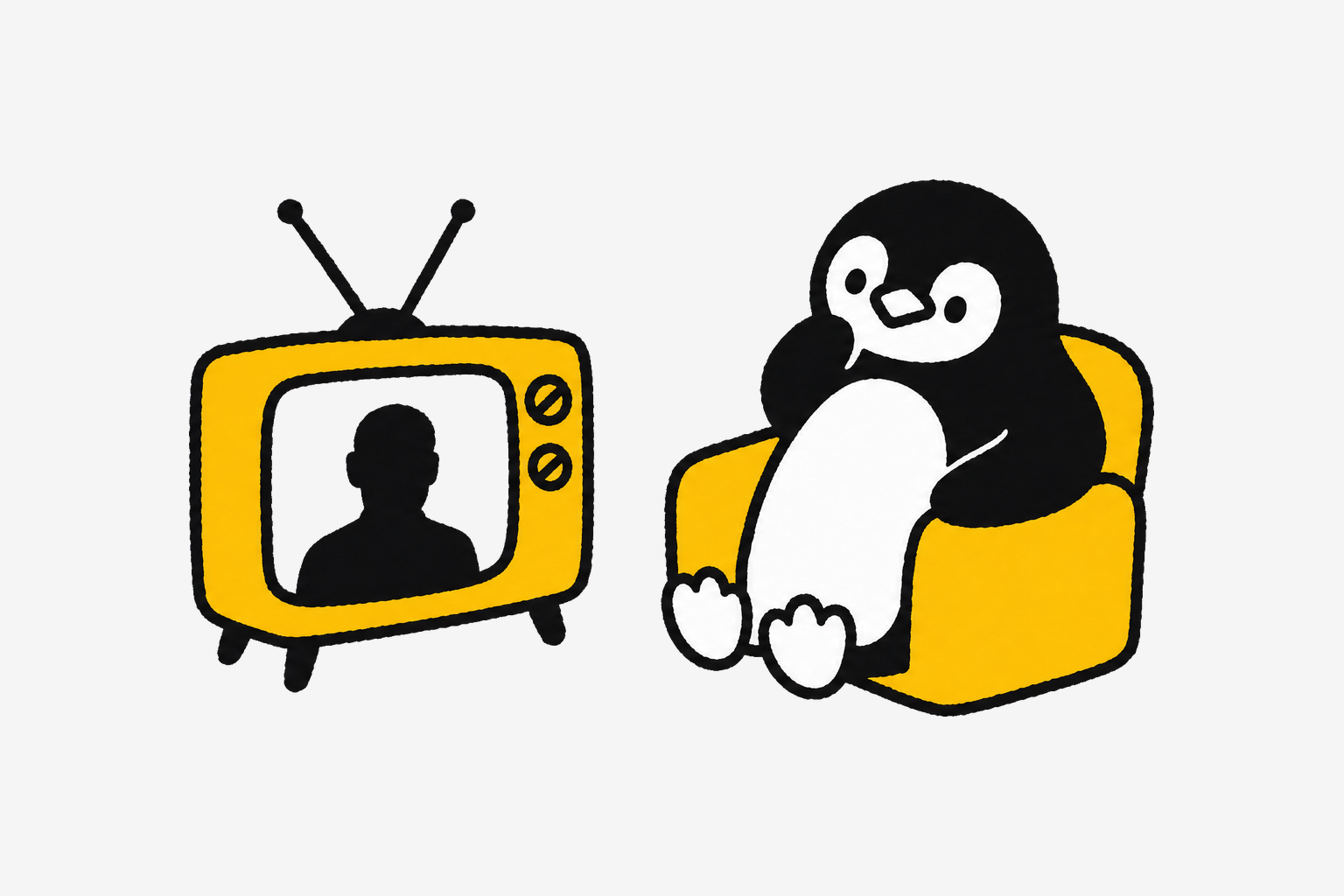 커다란 옛날 TV 위에 앉은 펭귄이 텅 빈 화면을 아래로 가리키고 있다